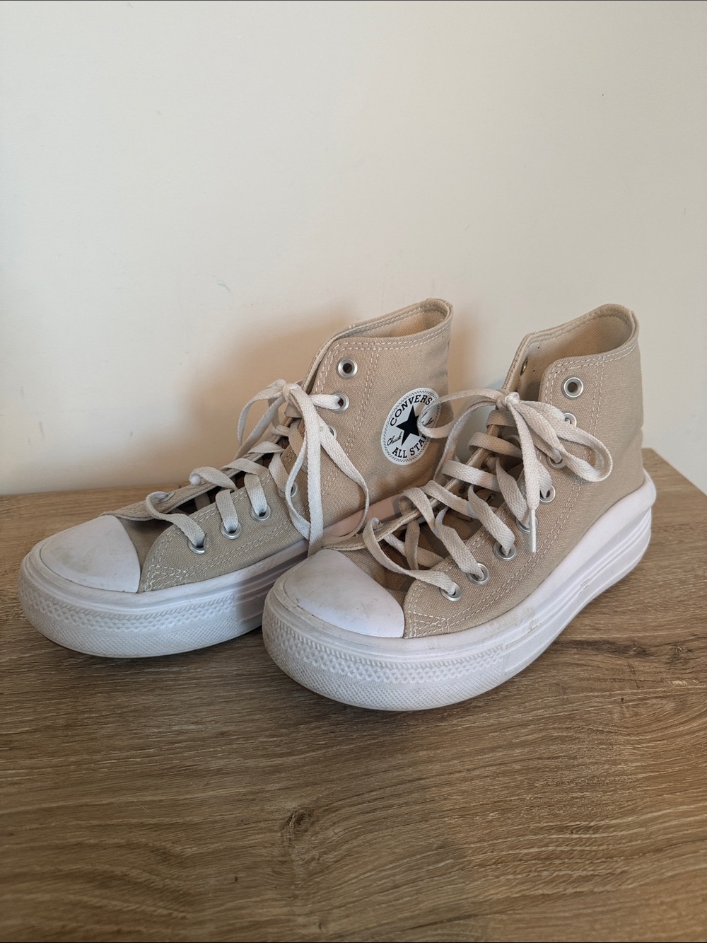 Converse High Top Platform Sneakers - Beige Canvas with White Sole